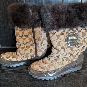 Coach Joyous Tan and Brown Patterned Boots with Fur Trim 8.5